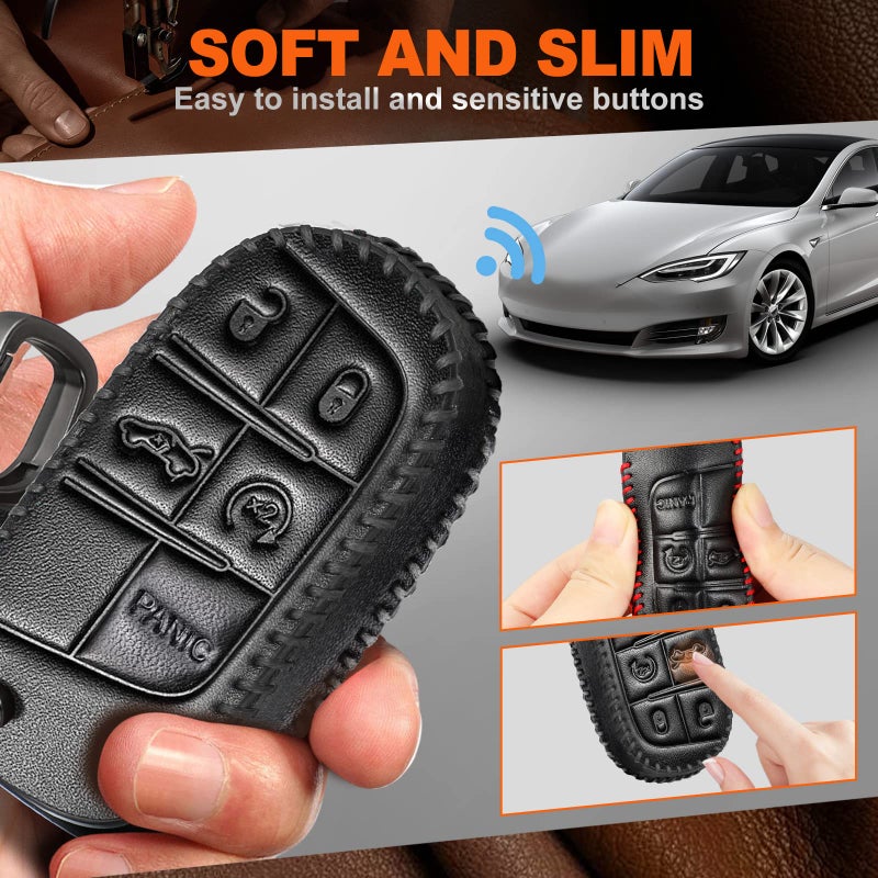Slohif لملحقات غطاء مفتاح السيارة من الجلد لسيارة Grand Cherokee Renegade Chrysler 200 300 Dodge RAM Durango Challenger Journey Dart Fiat 5 أزرار حافظة جلدية + حلقة D + خطاف (أسود) - Image 2